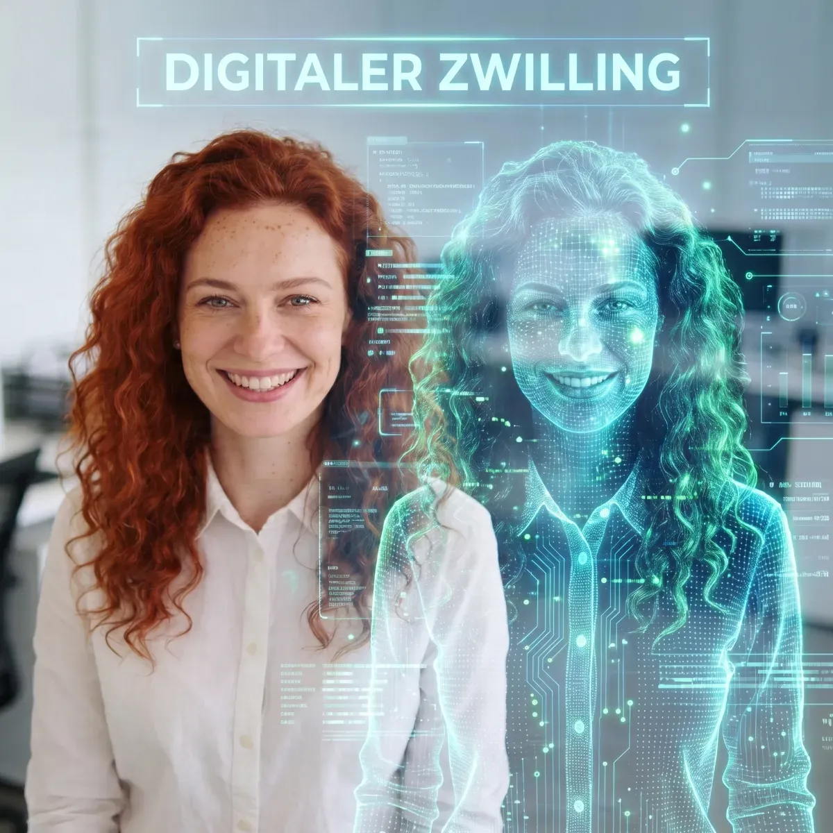 Mitarbeiterin neben ihrem digitalen Zwilling als Hologramm, Sinnbild für mit KI bewahrtes Erfahrungswissen