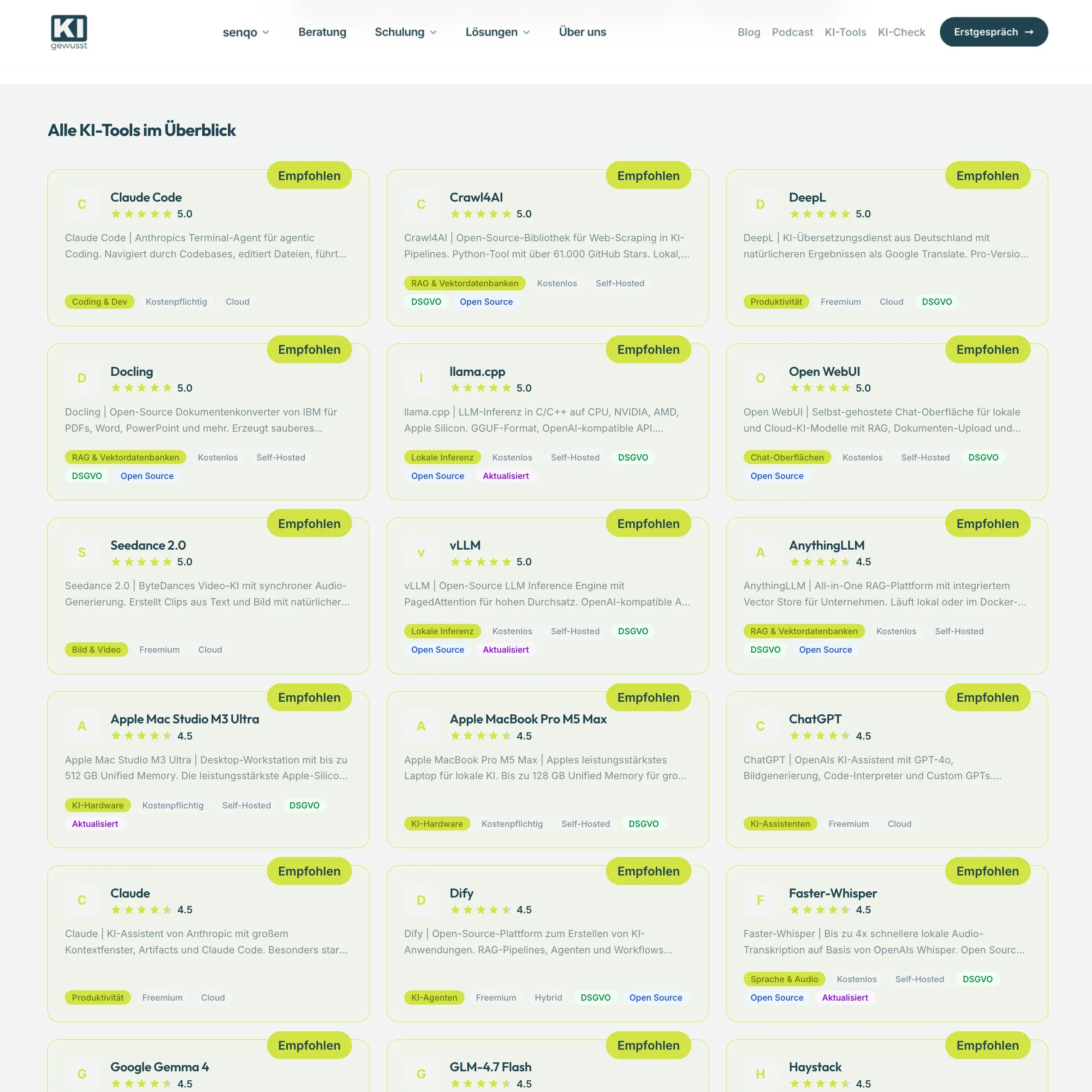 Screenshot der KI-Tools-Übersicht auf gewusst-ki.de mit den bewerteten KI-Tools, darunter Claude Code, Crawl4AI, DeepL, Docling und Open WebUI