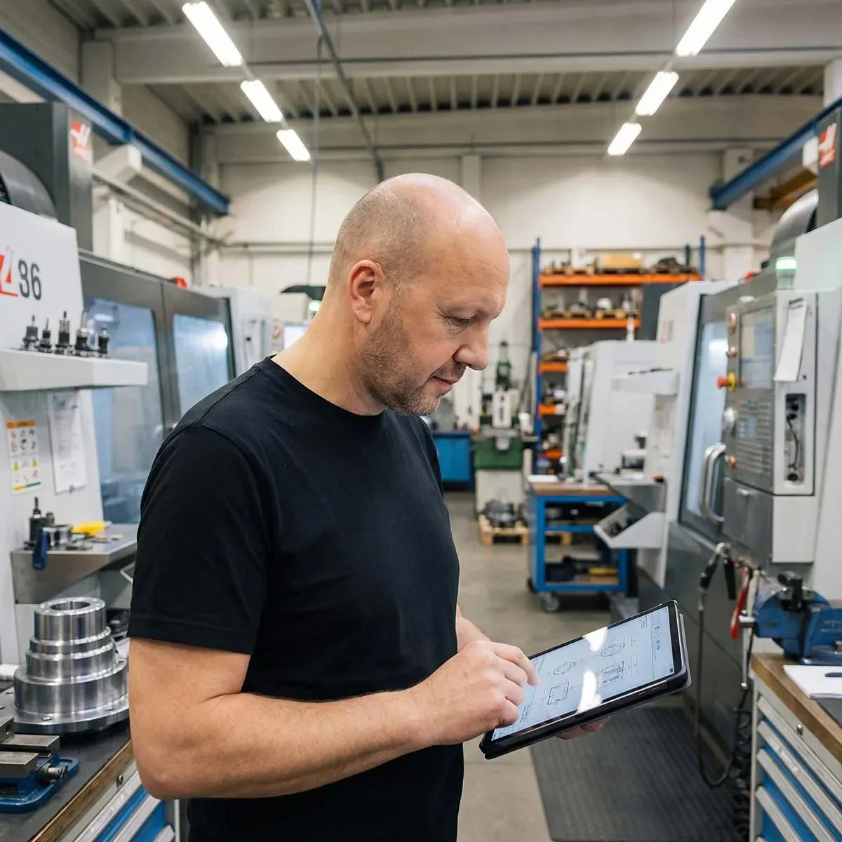 Ein Mann arbeitet mit einem Tablet in einer Fertigungshalle.