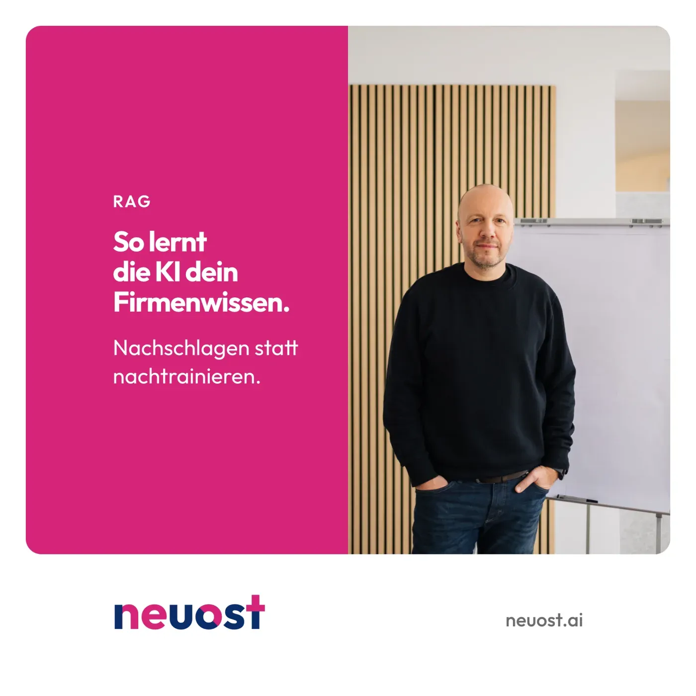 RAG AI: Wie du der KI dein Firmenwissen beibringst. Titelbild mit Ralf Cornesse vor einem Flipchart