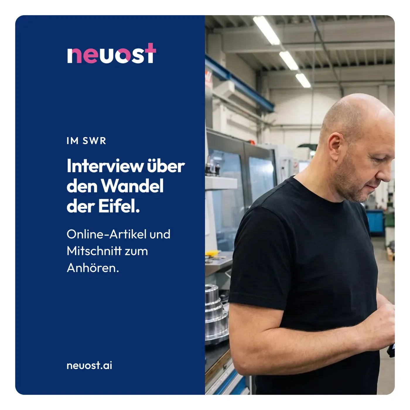 SWR-Interview: gewusst:KI im Beitrag über die Eifel. Titelbild mit Ralf Cornesse in einer Werkhalle