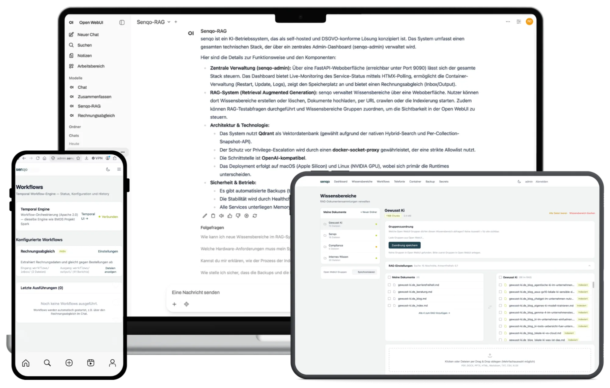 senqo auf Notebook, Telefon und Tablet. Auf dem Notebook beantwortet der Chat eine Frage aus den eigenen Unterlagen, auf dem Telefon steht die Liste der eingerichteten Abläufe, auf dem Tablet stehen die Wissensbereiche mit den abgelegten Dokumenten.